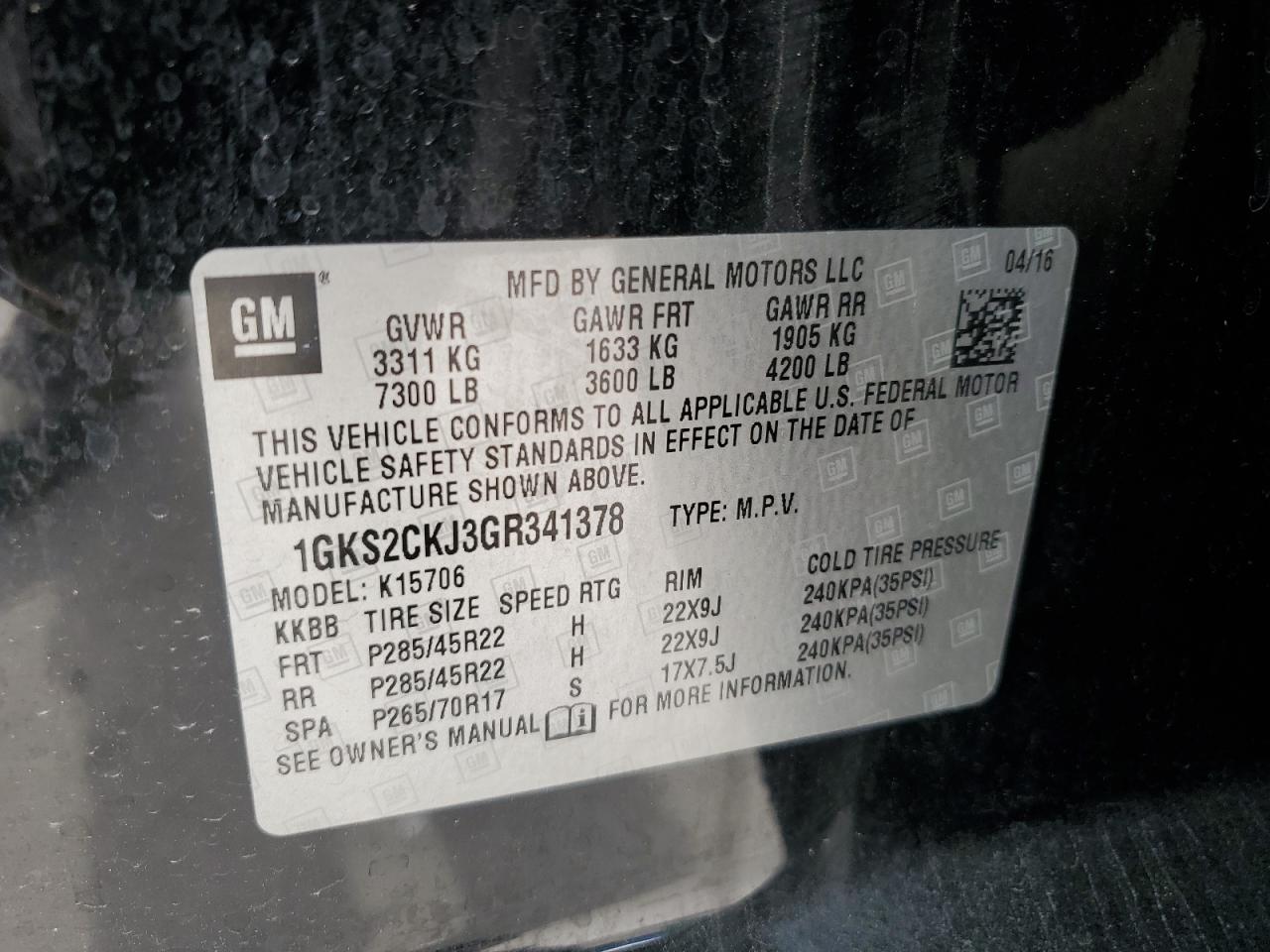 2016 GMC Yukon Denali VIN: 1GKS2CKJ3GR341378 Lot: 91146265