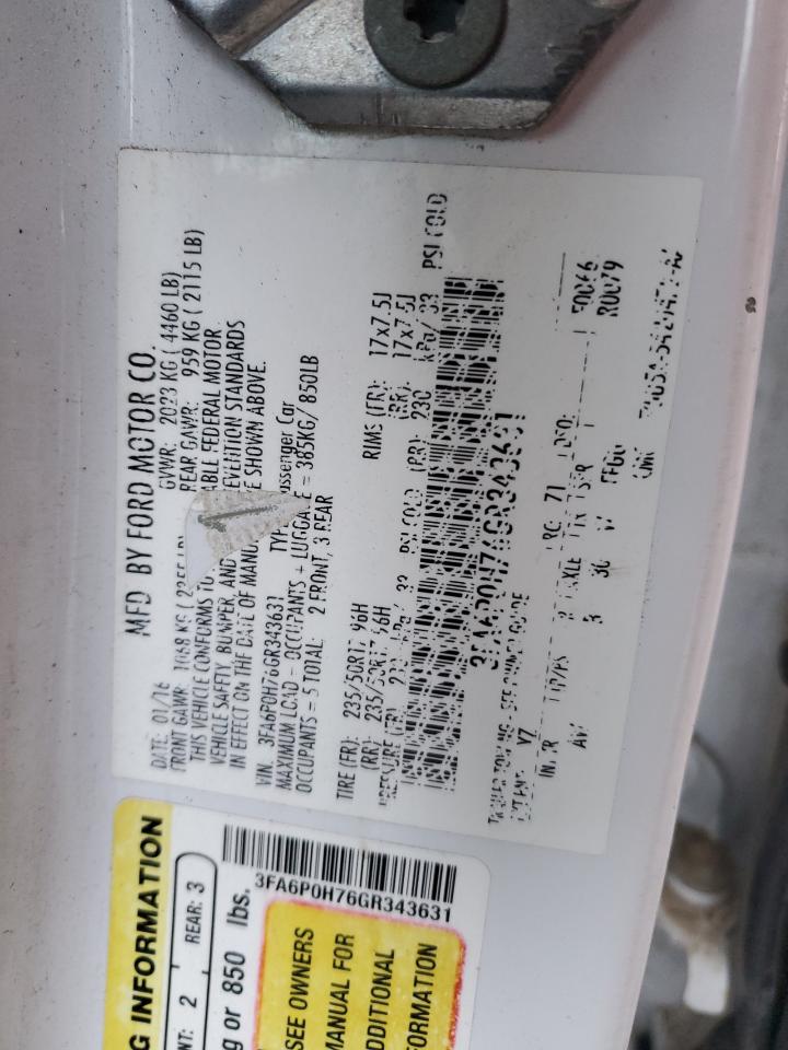 2016 Ford Fusion Se VIN: 3FA6P0H76GR343631 Lot: 93502435