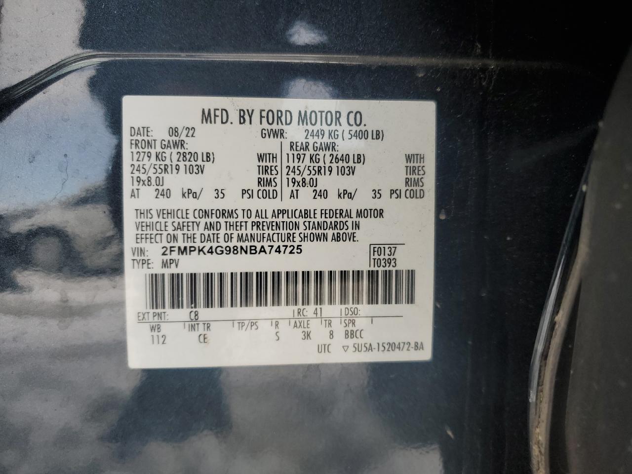 2022 Ford Edge Se VIN: 2FMPK4G98NBA74725 Lot: 92052655