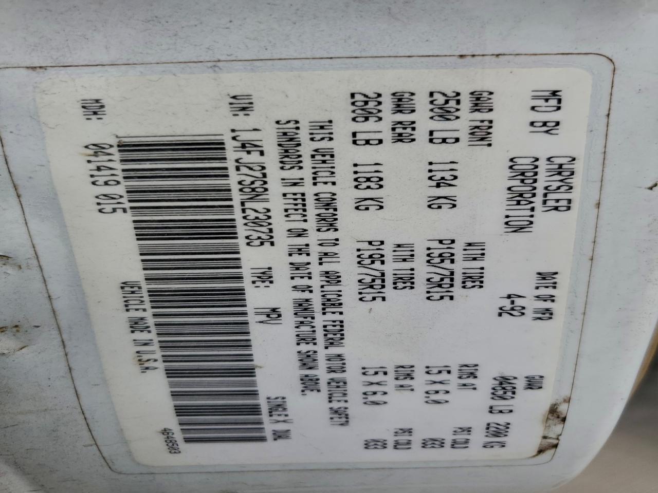 1992 Jeep Cherokee VIN: 1J4FJ27S8NL230735 Lot: 93312835