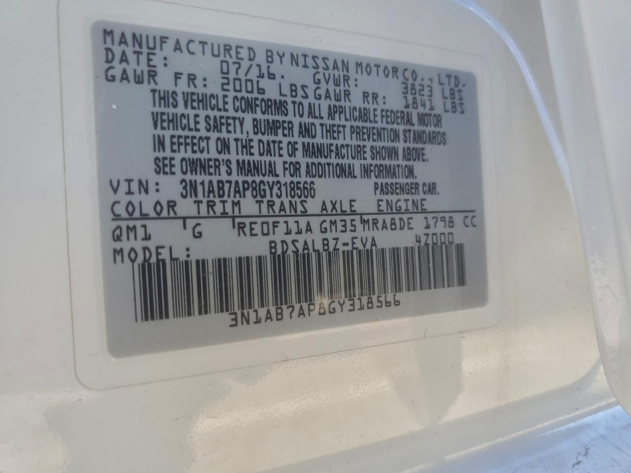 2016 Nissan Sentra S VIN: 3N1AB7AP8GY318566 Lot: 94383615