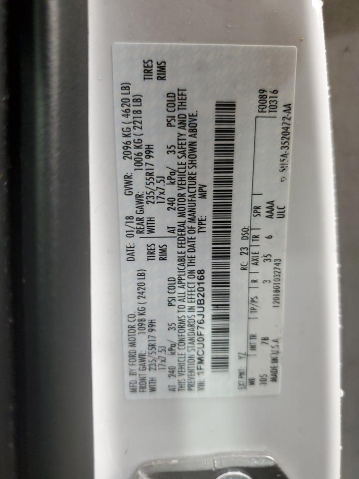 2018 Ford Escape S VIN: 1FMCU0F76JUB20168 Lot: 93108685