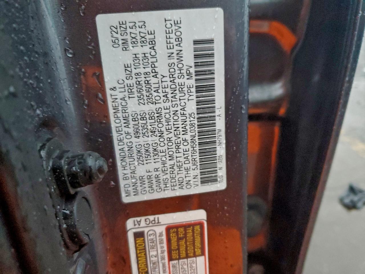 2022 Honda Cr-V Ex VIN: 5J6RT6H58NL038125 Lot: 94167915