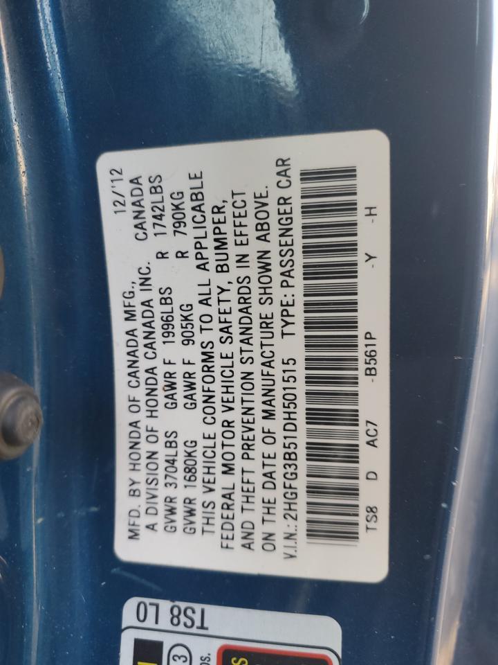 2013 Honda Civic Lx VIN: 2HGFG3B51DH501515 Lot: 90733555