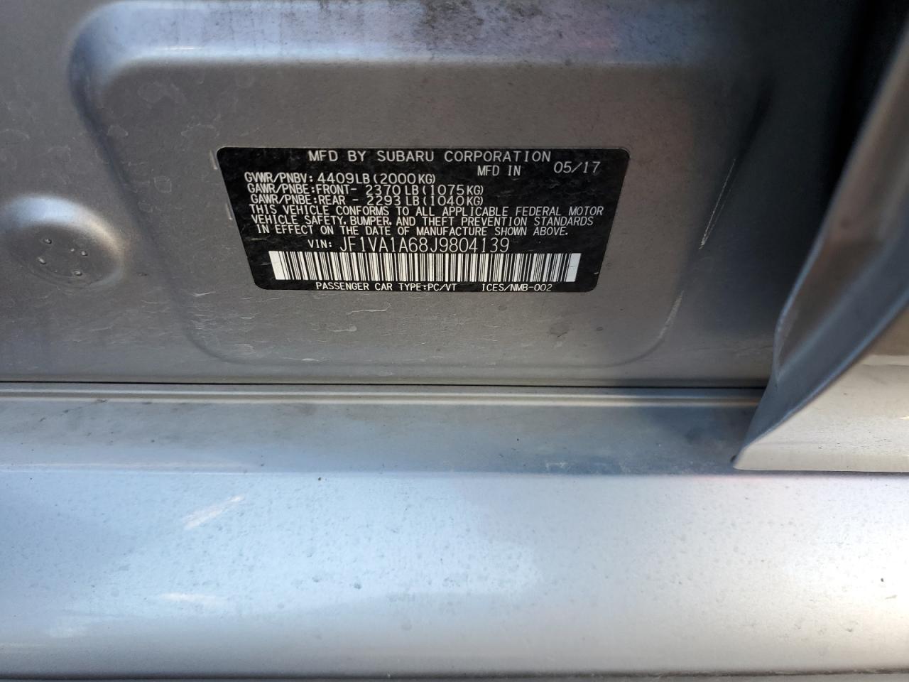 2018 Subaru Wrx VIN: JF1VA1A68J9804139 Lot: 94124245