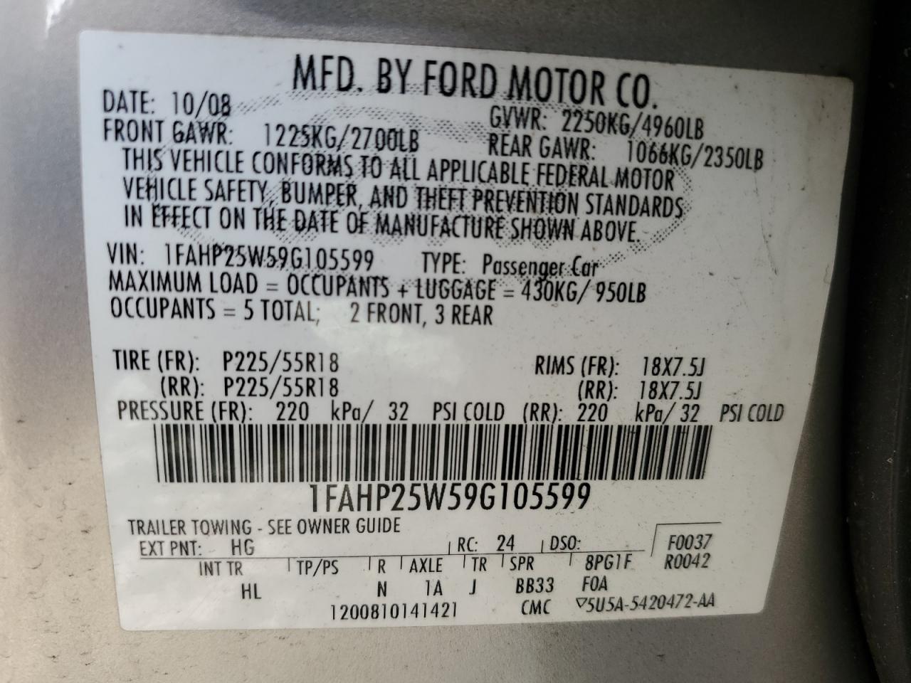 2009 Ford Taurus Limited VIN: 1FAHP25W59G105599 Lot: 92368735