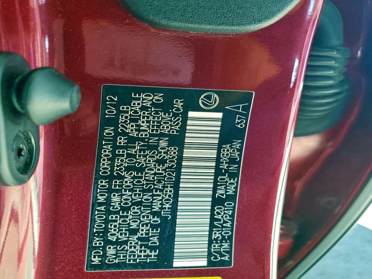 2013 Lexus Ct 200 VIN: JTHKD5BH1D2130388 Lot: 93903295