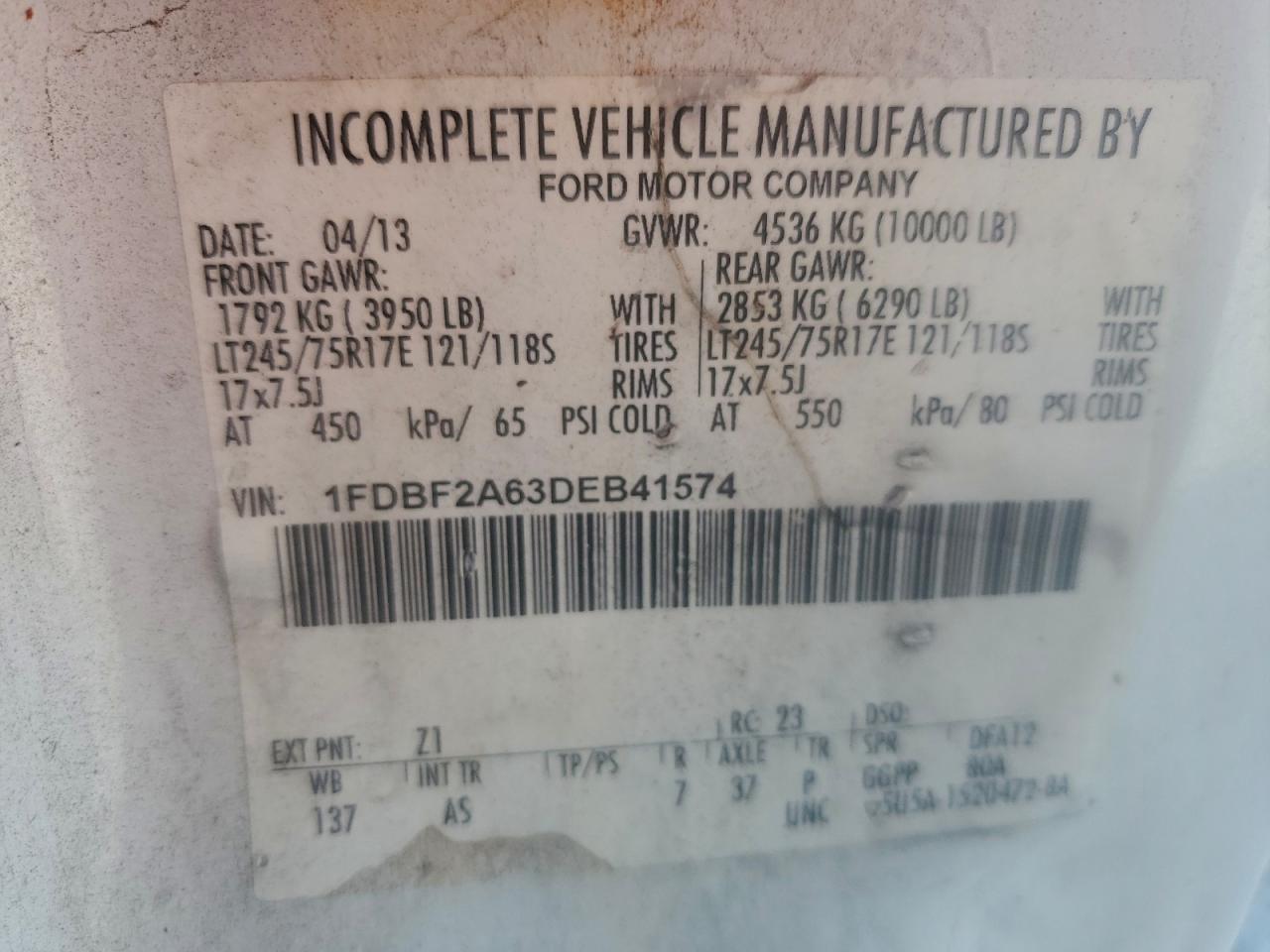 2013 Ford F250 Super Duty VIN: 1FDBF2A63DEB41574 Lot: 94289275