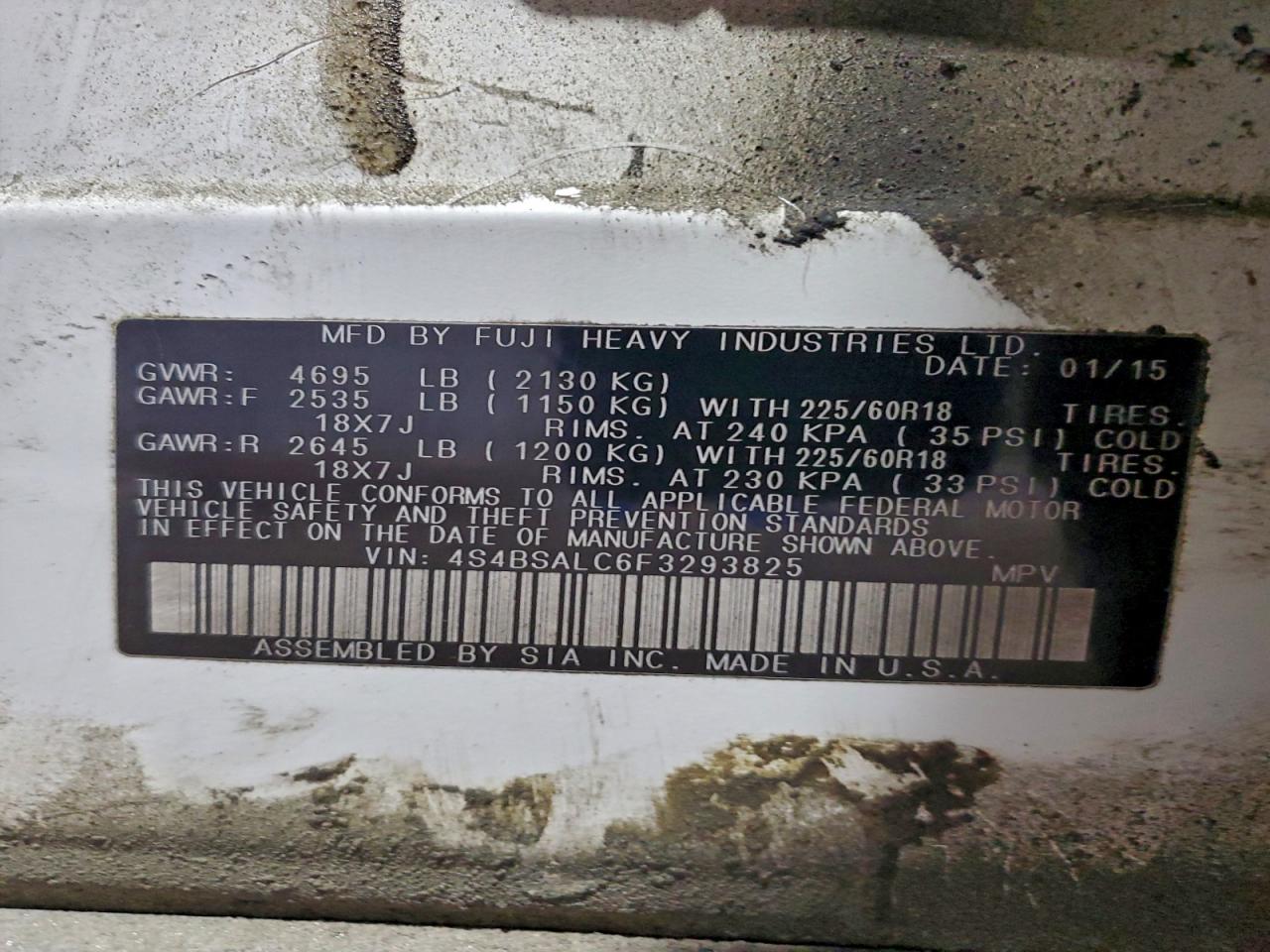 2015 Subaru Outback 2.5I Limited VIN: 4S4BSALC6F3293825 Lot: 93932915