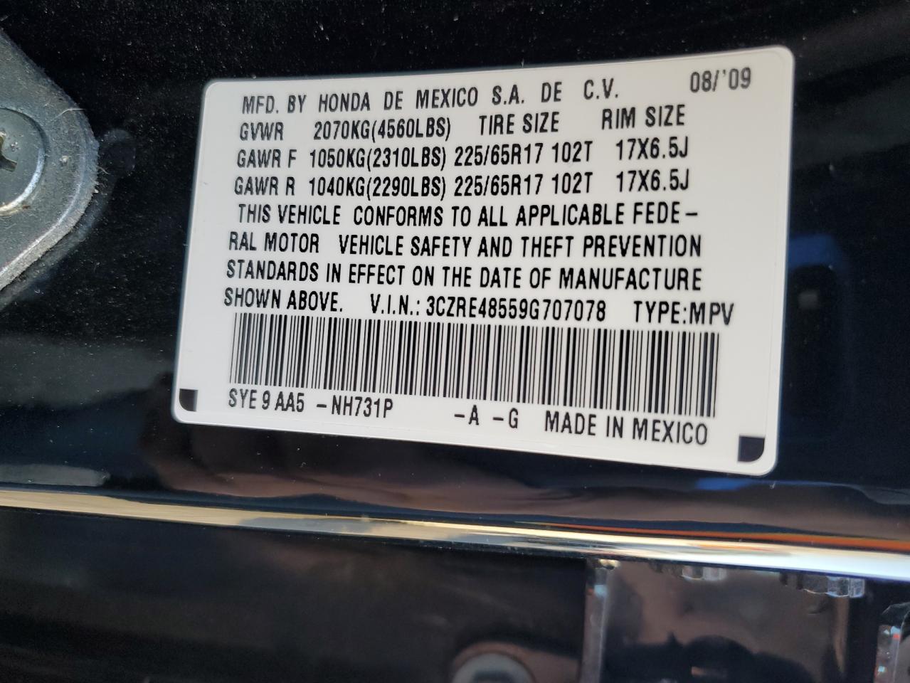 2009 Honda Cr-V Ex VIN: 3CZRE48559G707078 Lot: 91200875