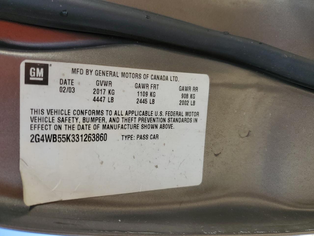 2003 Buick Regal Ls VIN: 2G4WB55K331263860 Lot: 92858815