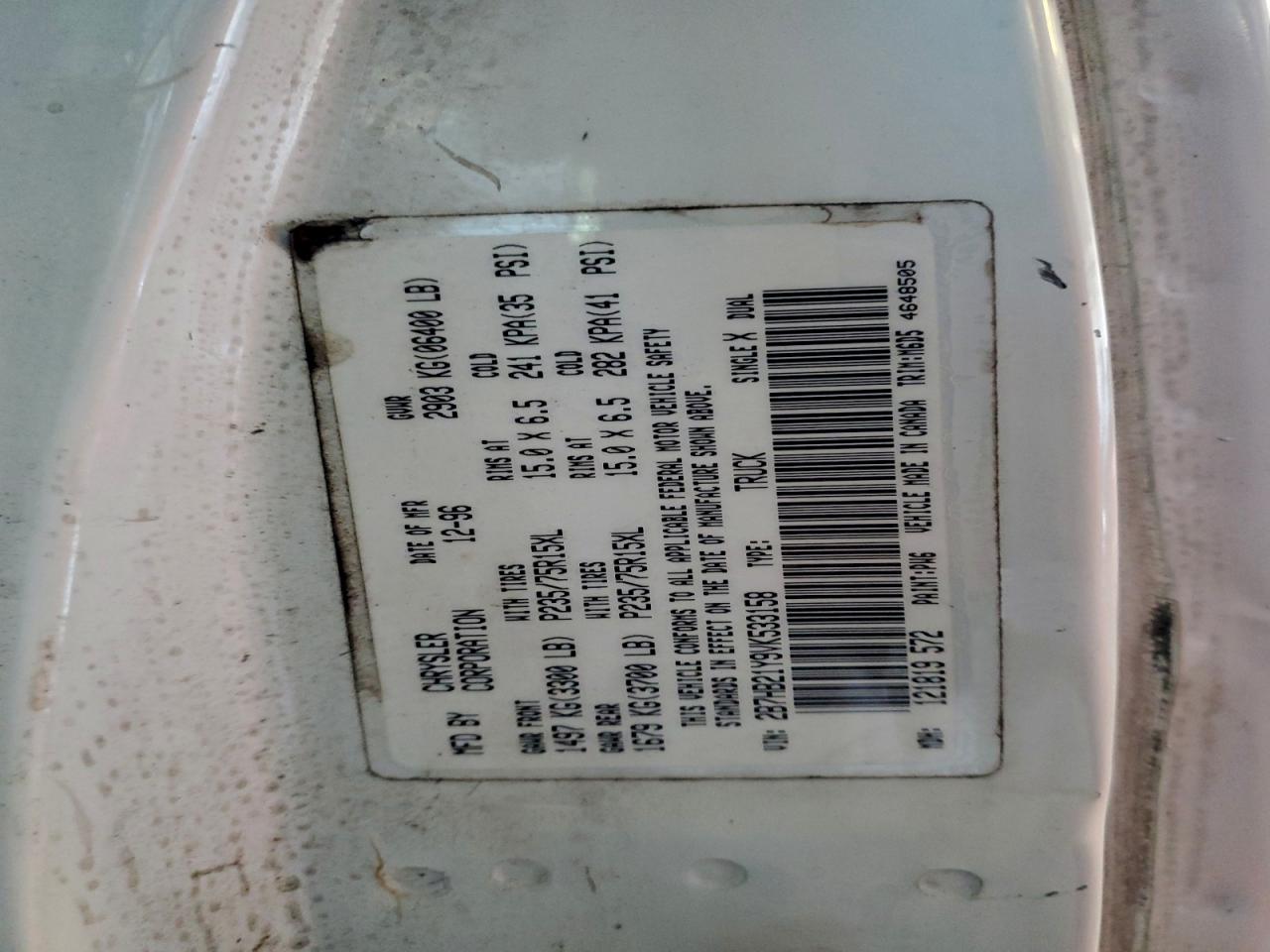 1997 Dodge Ram Van B2500 VIN: 2B7HB21Y9VK533158 Lot: 94090835