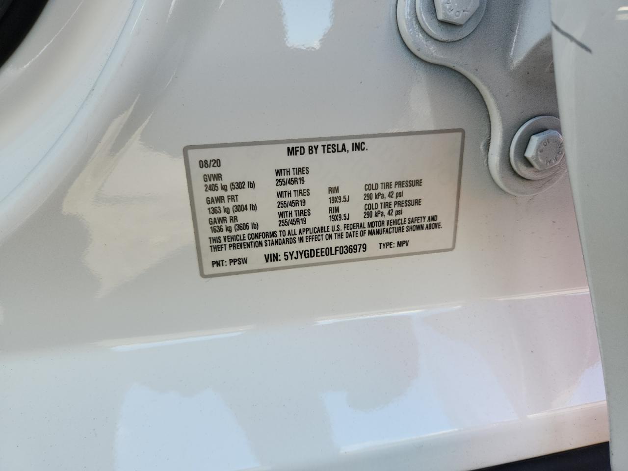 2020 Tesla Model Y VIN: 5YJYGDEE0LF036979 Lot: 93134775