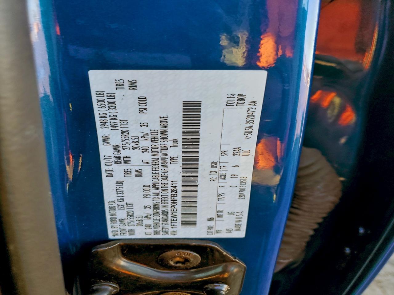 2017 Ford F150 Supercrew VIN: 1FTEW1EP0HFB28411 Lot: 94228885