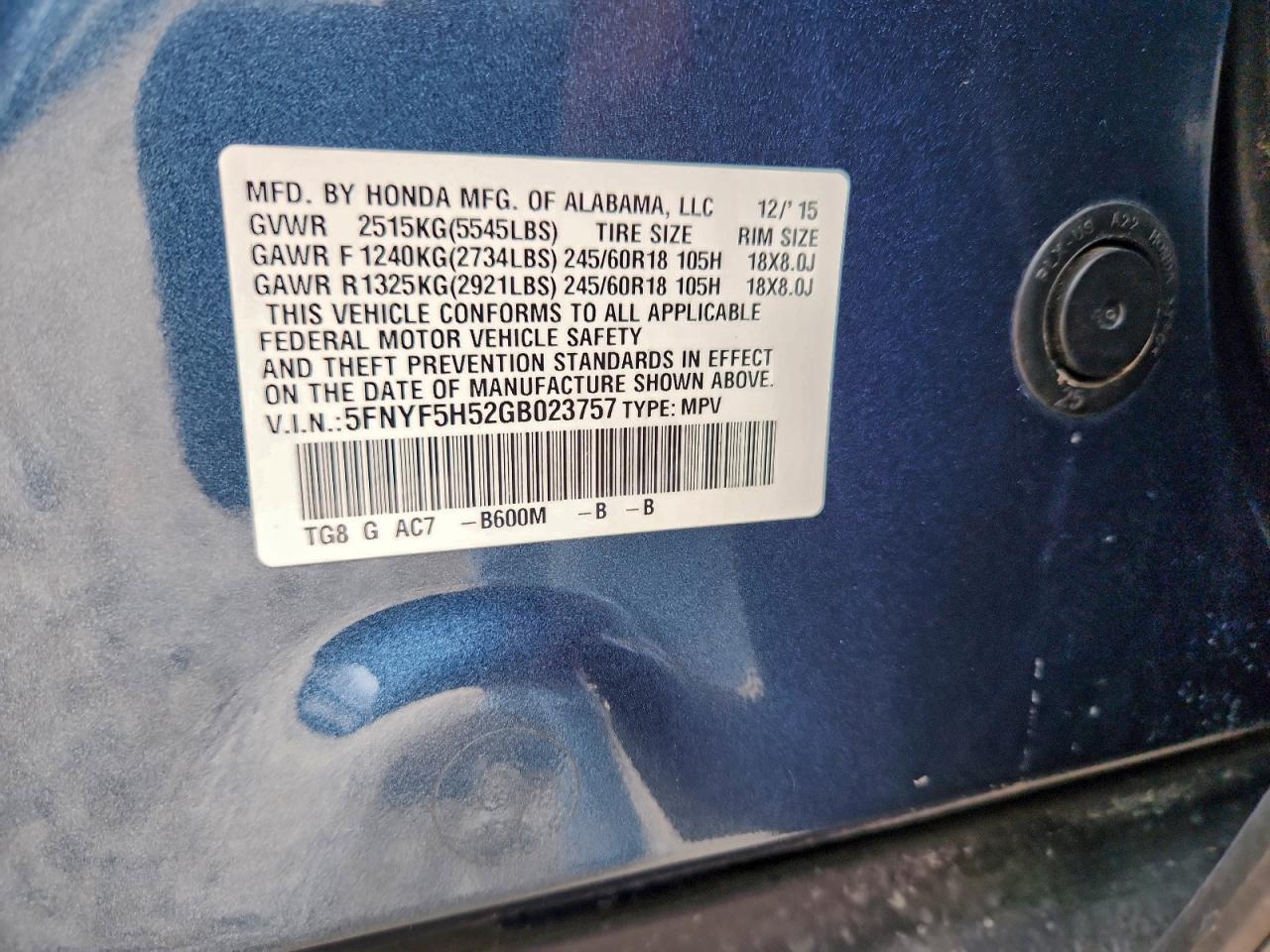 2016 Honda Pilot Exl VIN: 5FNYF5H52GB023757 Lot: 94196645