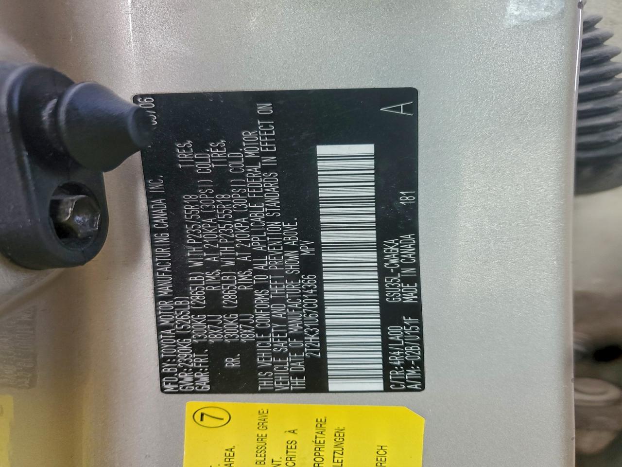 2007 Lexus Rx 350 VIN: 2T2HK31U67C014366 Lot: 93898335