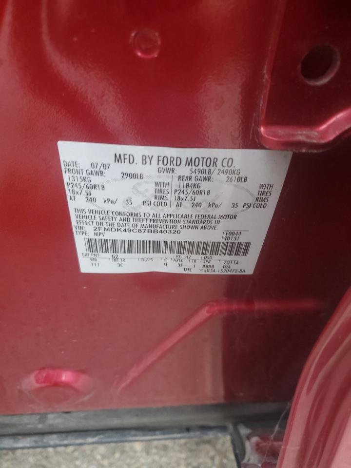 2007 Ford Edge Sel Plus VIN: 2FMDK49C87BB40320 Lot: 93607265