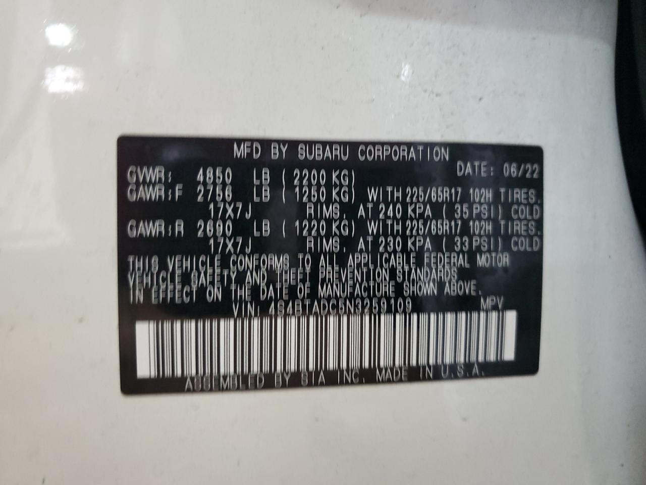 2022 Subaru Outback Premium VIN: 4S4BTADC5N3259109 Lot: 92235725