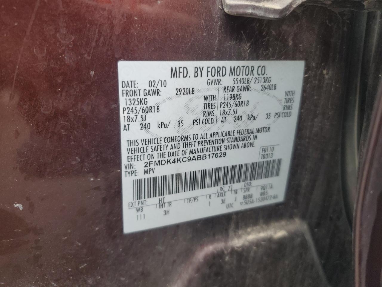 2010 Ford Edge Limited VIN: 2FMDK4KC9ABB17629 Lot: 93773815