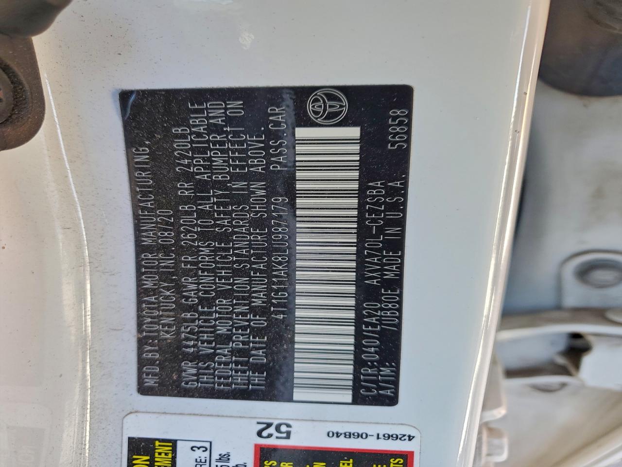 2020 Toyota Camry Se VIN: 4T1G11AK8LU987179 Lot: 94568505