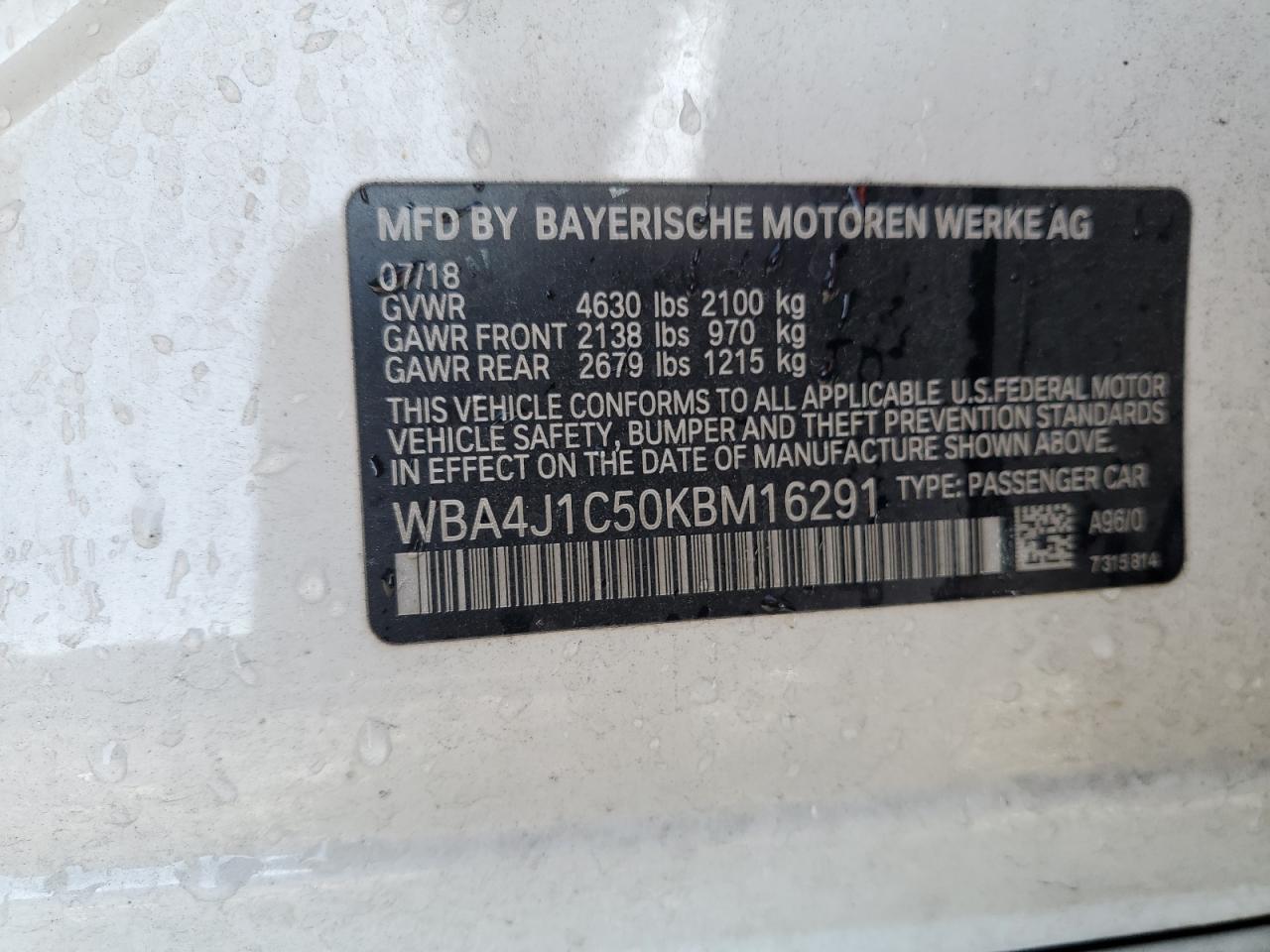 2019 BMW 430I Gran Coupe VIN: WBA4J1C50KBM16291 Lot: 92445485