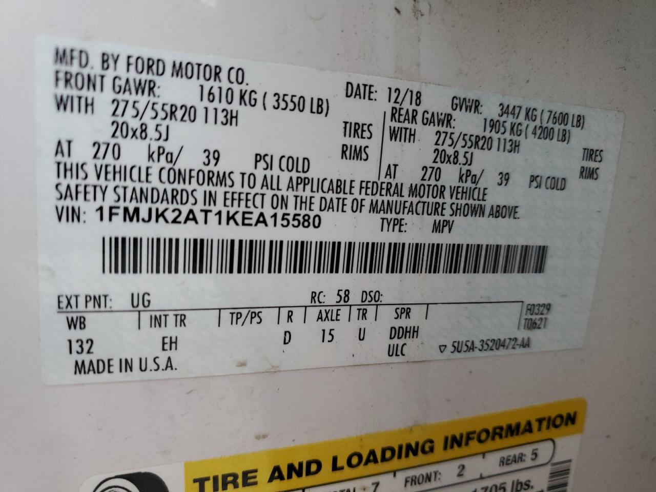 2019 Ford Expedition Max Limited VIN: 1FMJK2AT1KEA15580 Lot: 92590855