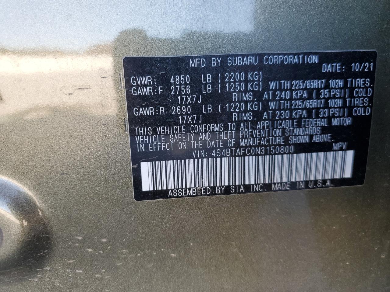 2022 Subaru Outback Premium VIN: 4S4BTAFC0N3150800 Lot: 92295695