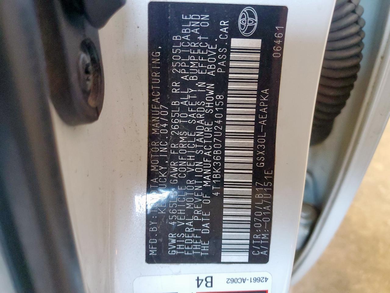 2007 Toyota Avalon Xl VIN: 4T1BK36B07U240158 Lot: 93010055