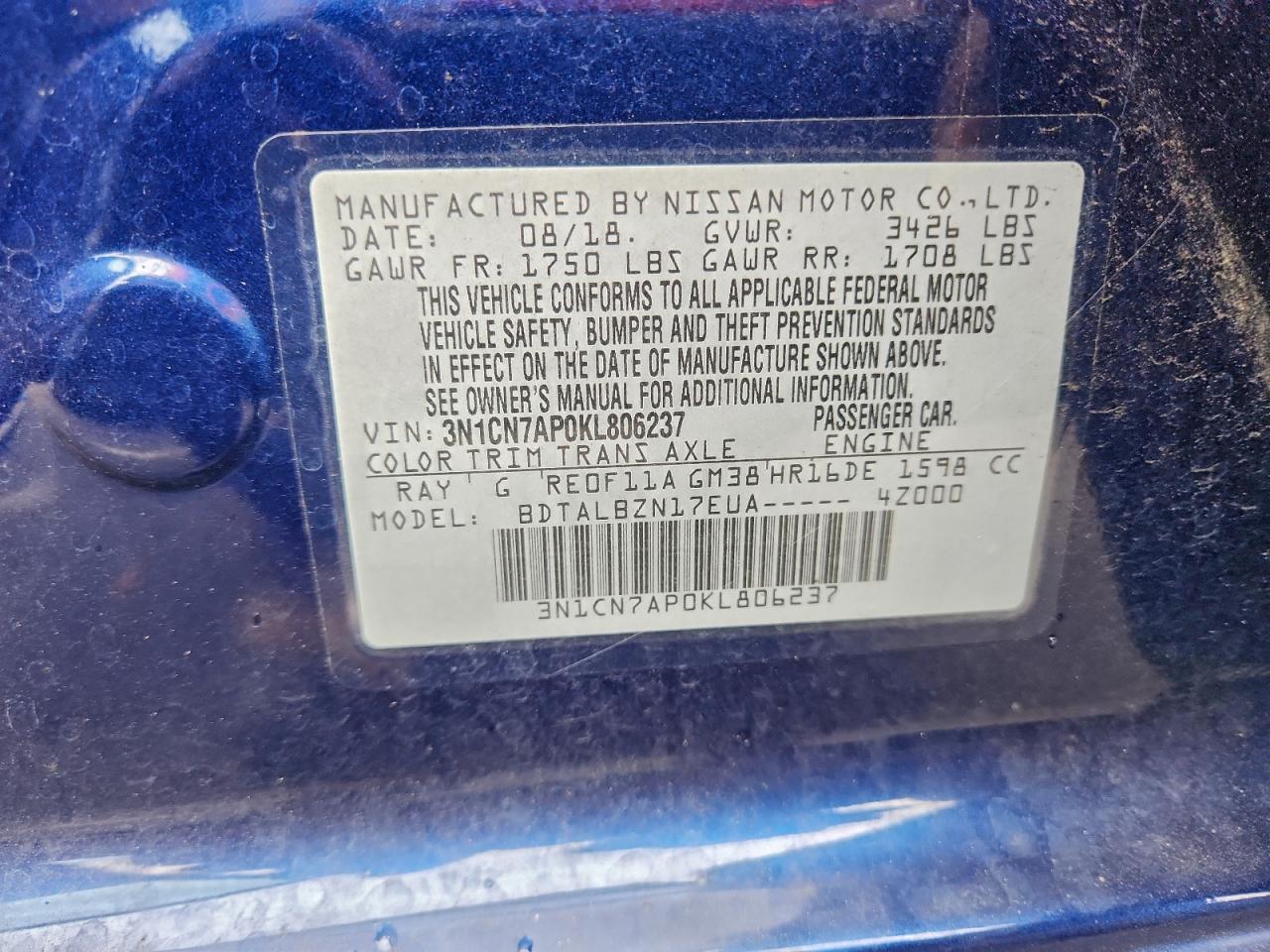 2019 Nissan Versa S VIN: 3N1CN7AP0KL806237 Lot: 94464265