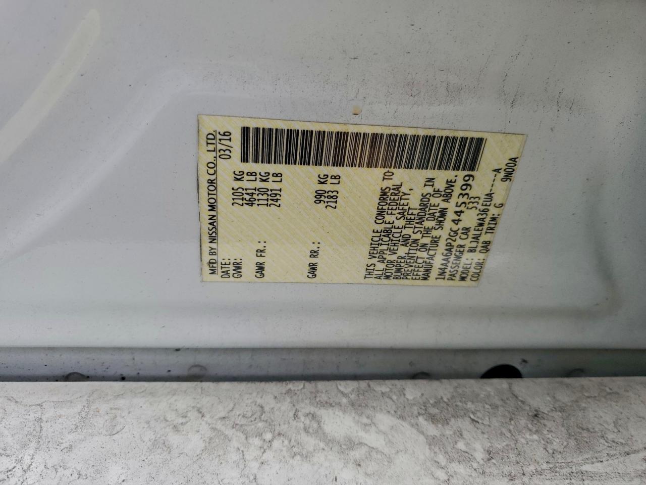 2016 Nissan Maxima 3.5S VIN: 1N4AA6AP2GC445399 Lot: 93734745