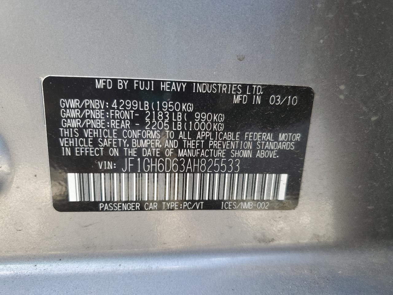 2010 Subaru Impreza Outback Sport VIN: JF1GH6D63AH825533 Lot: 93418735