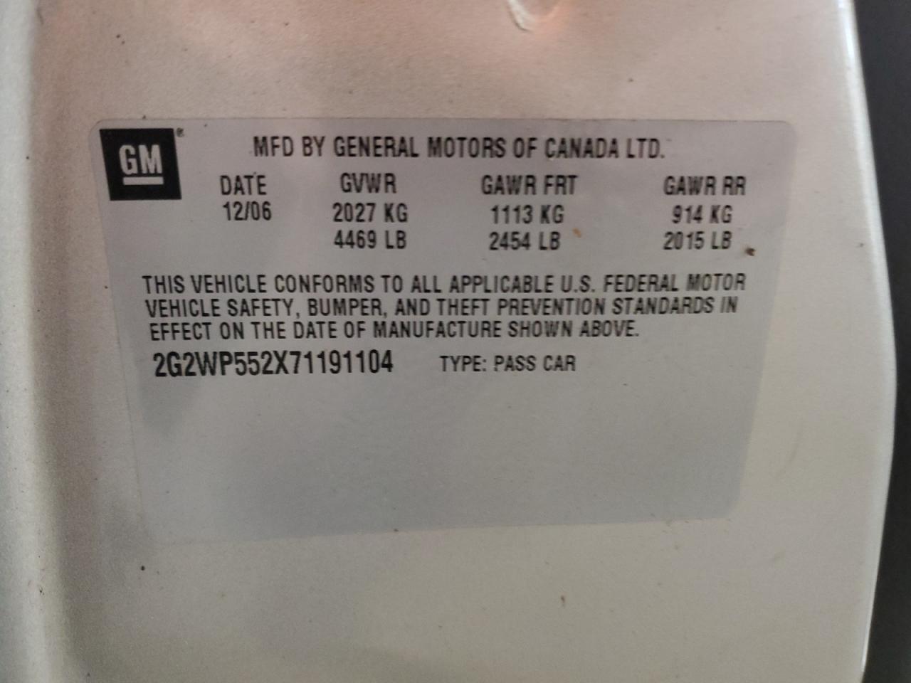 2007 Pontiac Grand Prix VIN: 2G2WP552X71191104 Lot: 93905095