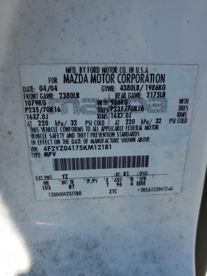 2005 Mazda Tribute S VIN: 4F2YZ04175KM12181 Lot: 91374725