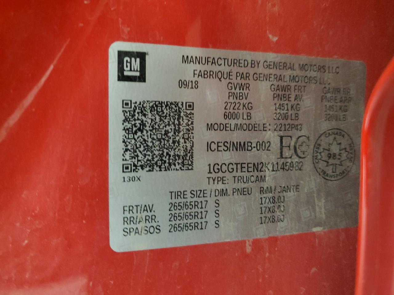 2019 Chevrolet Colorado Zr2 VIN: 1GCGTEEN2K1145982 Lot: 92033065