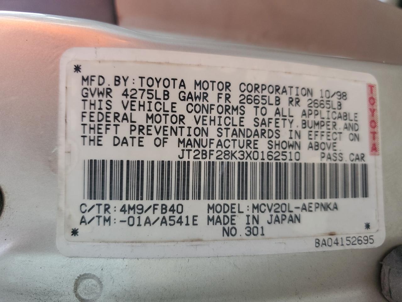 1999 Toyota Camry Le VIN: JT2BF28K3X0162510 Lot: 92832725