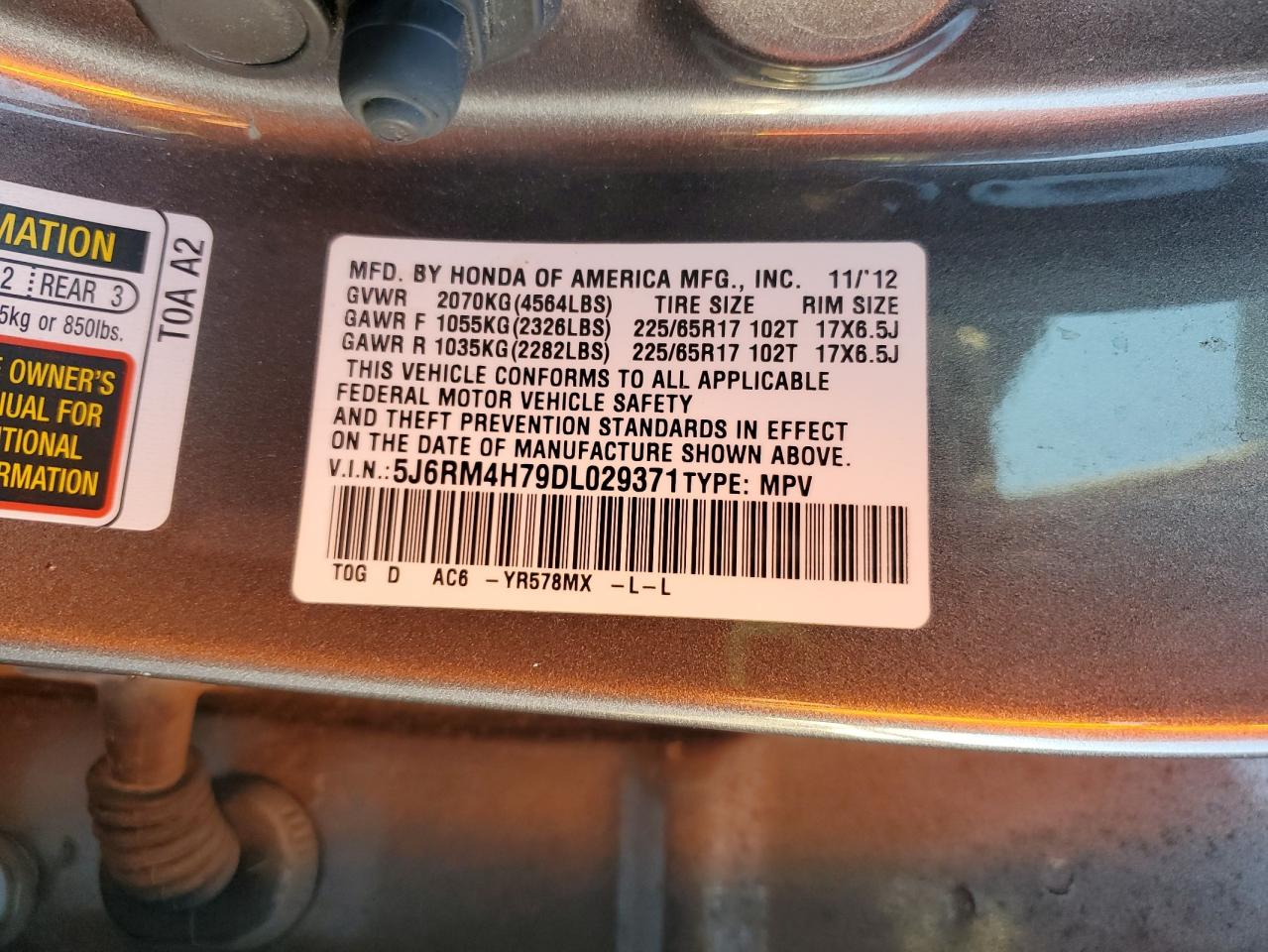 2013 Honda Cr-V Exl VIN: 5J6RM4H79DL029371 Lot: 91287815