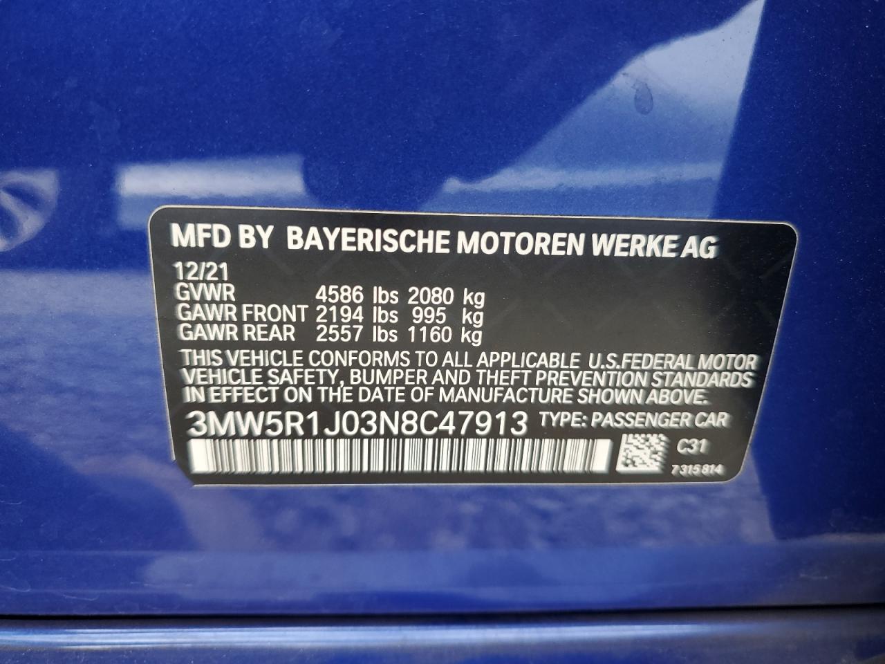 2022 BMW 330I VIN: 3MW5R1J03N8C47913 Lot: 92724115