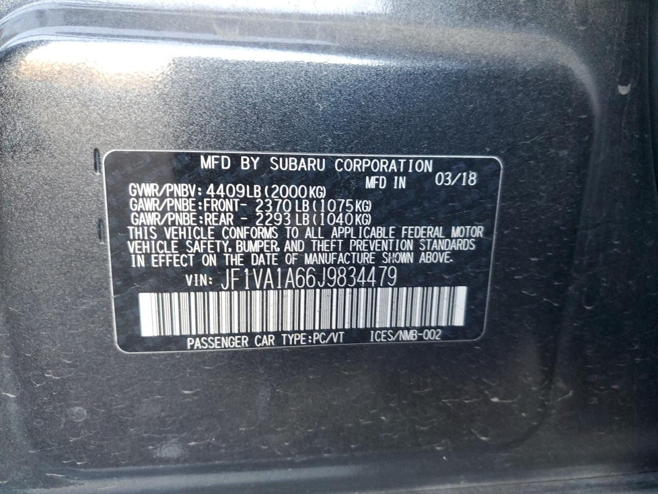 2018 Subaru Wrx VIN: JF1VA1A66J9834479 Lot: 93439845