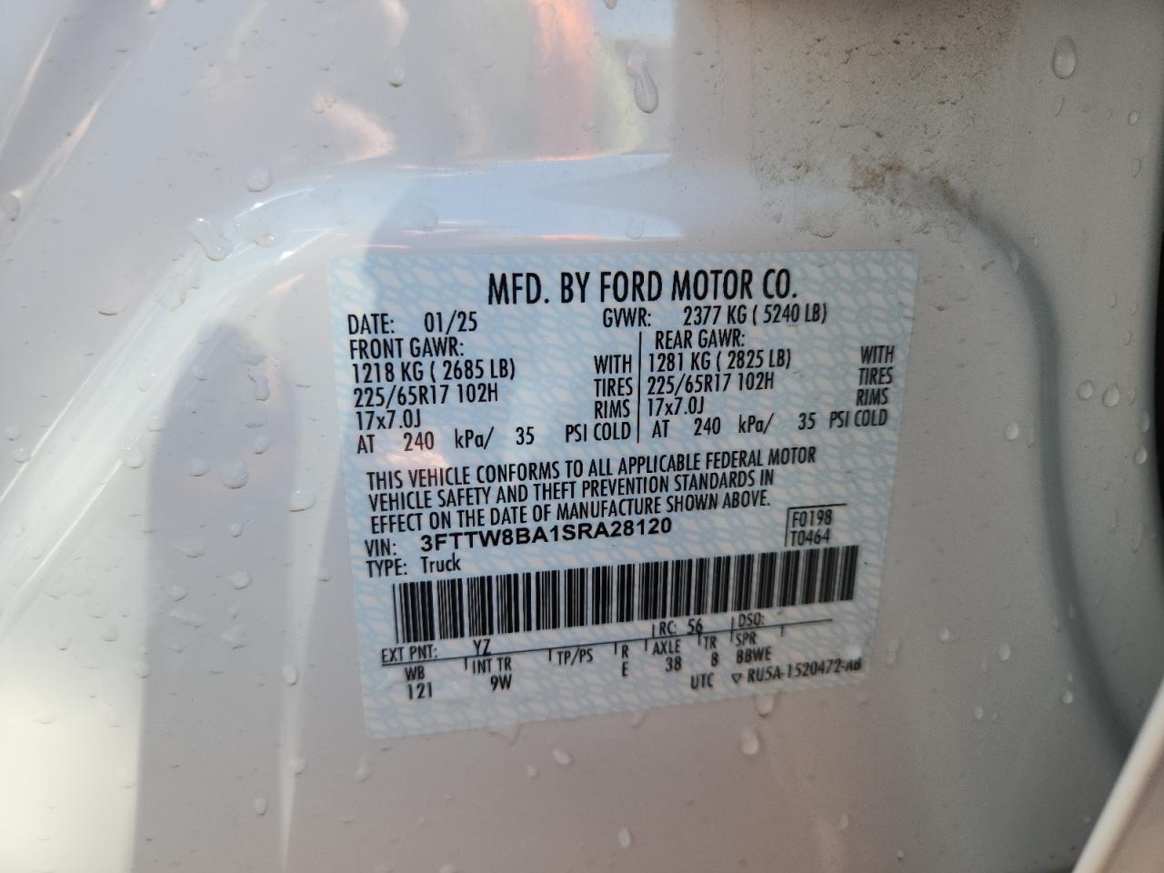 2025 Ford Maverick Xl VIN: 3FTTW8BA1SRA28120 Lot: 91489865