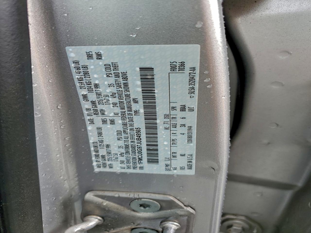 2018 Ford Escape Se VIN: 1FMCU0G97JUB49565 Lot: 94310375