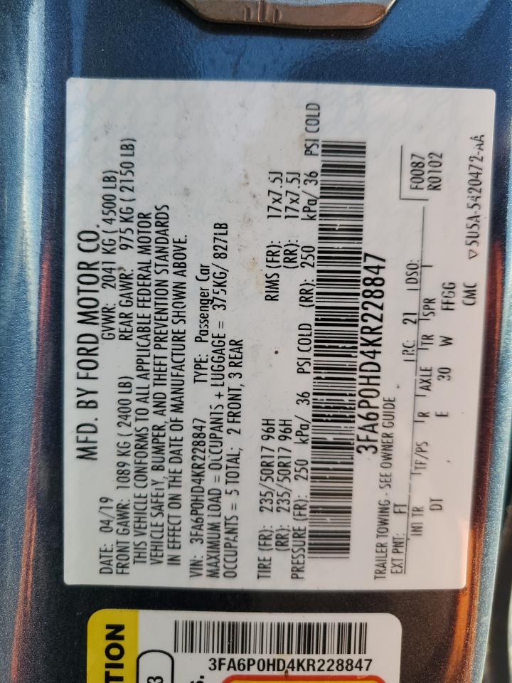 2019 Ford Fusion Se VIN: 3FA6P0HD4KR228847 Lot: 91909535