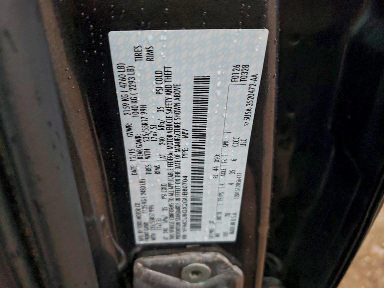 2016 Ford Escape Se VIN: 1FMCU9GX2GUB80704 Lot: 94285175