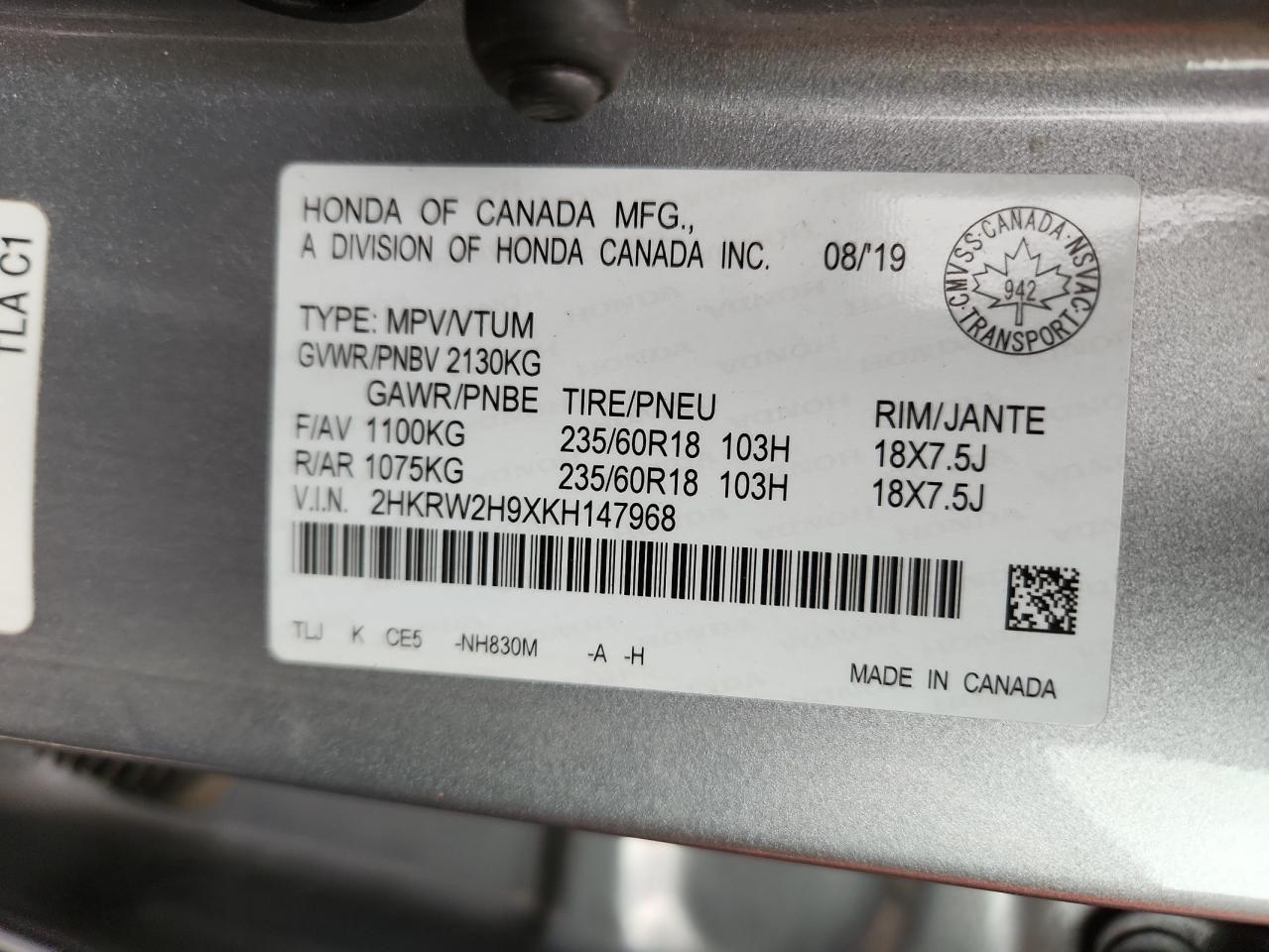 2019 Honda Cr-V Touring VIN: 2HKRW2H9XKH147968 Lot: 92537465