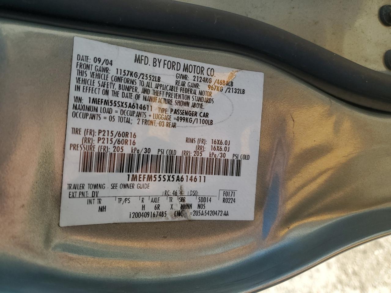 2005 Mercury Sable Ls Premium VIN: 1MEFM55SX5A614611 Lot: 91575015