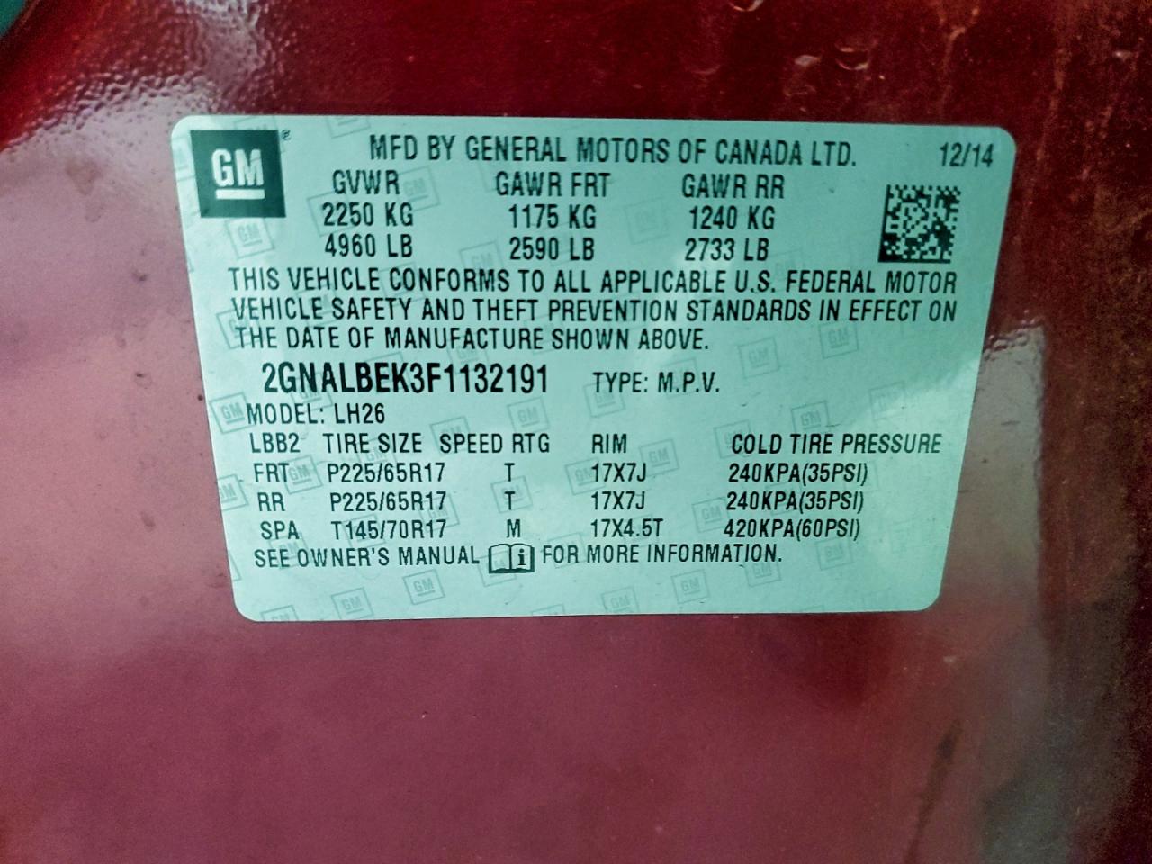 2015 Chevrolet Equinox Lt VIN: 2GNALBEK3F1132191 Lot: 93190345