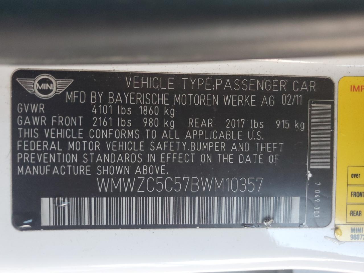 2011 Mini Cooper S Countryman VIN: WMWZC5C57BWM10357 Lot: 92841855
