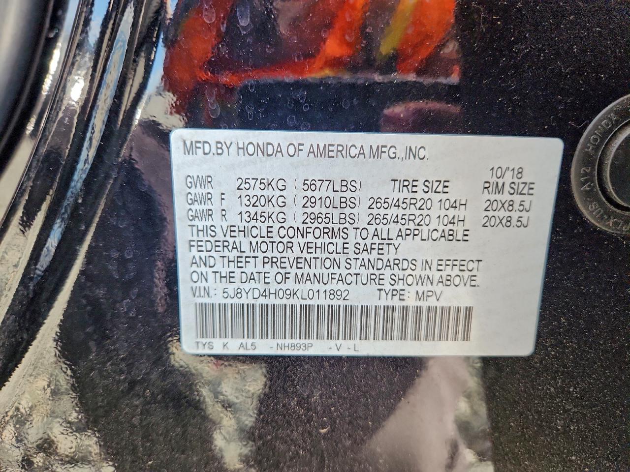 2019 Acura Mdx A-Spec VIN: 5J8YD4H09KL011892 Lot: 93867395