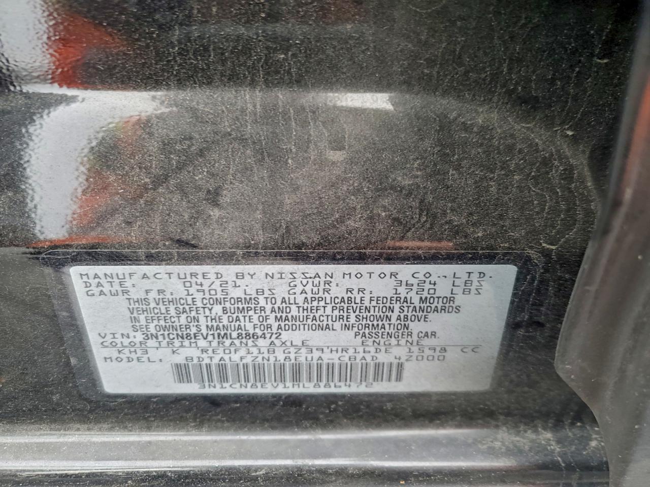 2021 Nissan Versa Sv VIN: 3N1CN8EV1ML886472 Lot: 93427065