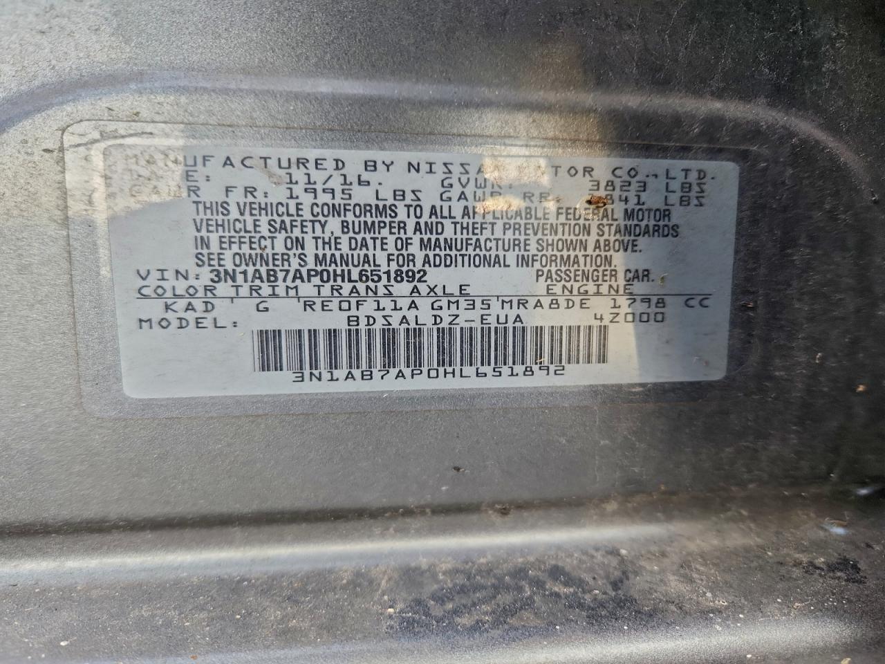 2017 Nissan Sentra S VIN: 3N1AB7AP0HL651892 Lot: 94683015