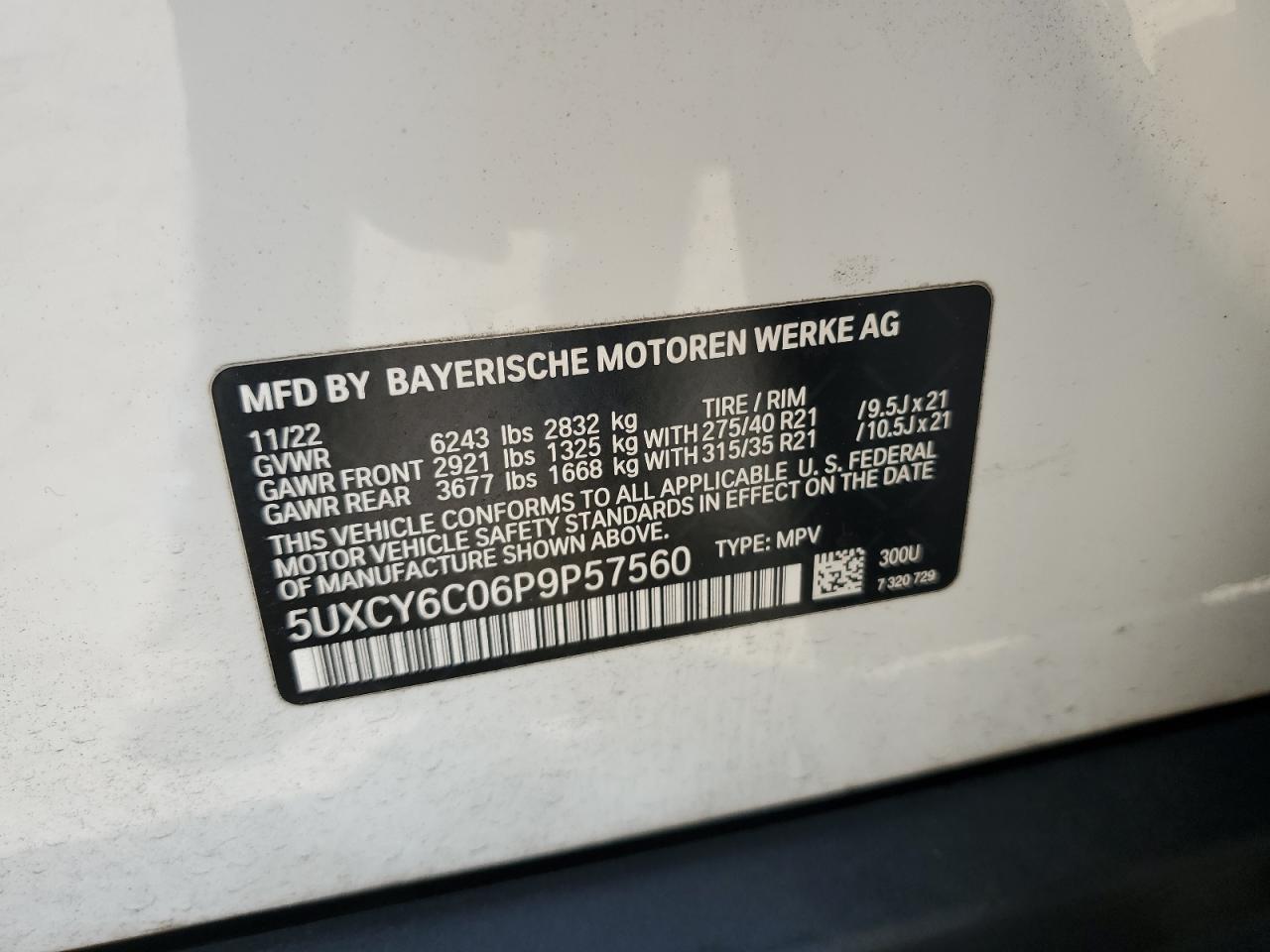 2023 BMW X6 xDrive40I VIN: 5UXCY6C06P9P57560 Lot: 91343135